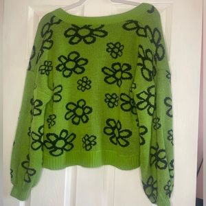 Medium Women’s Green Cardigan Cropped with Black Flowers